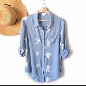 Umgee | Chambray Embroidery Floral Button Down Top